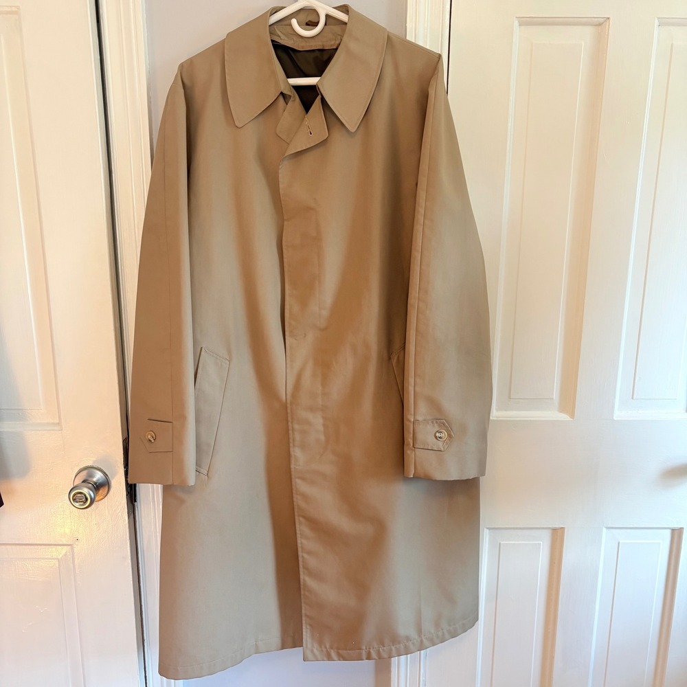 Vintage Sears Mens 44 Tall Trench Coat Tan Overcoat Missing Zip-In Liner
